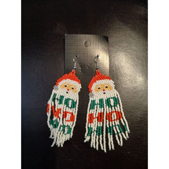 Santa HO HO HO Beaded Long Dangle Earrings - Picture 5 of 7